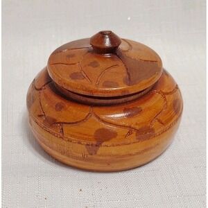 Vintage Hand Carved Two Tone Etched Wooden Lidded Trinket Spice Box 3" Round